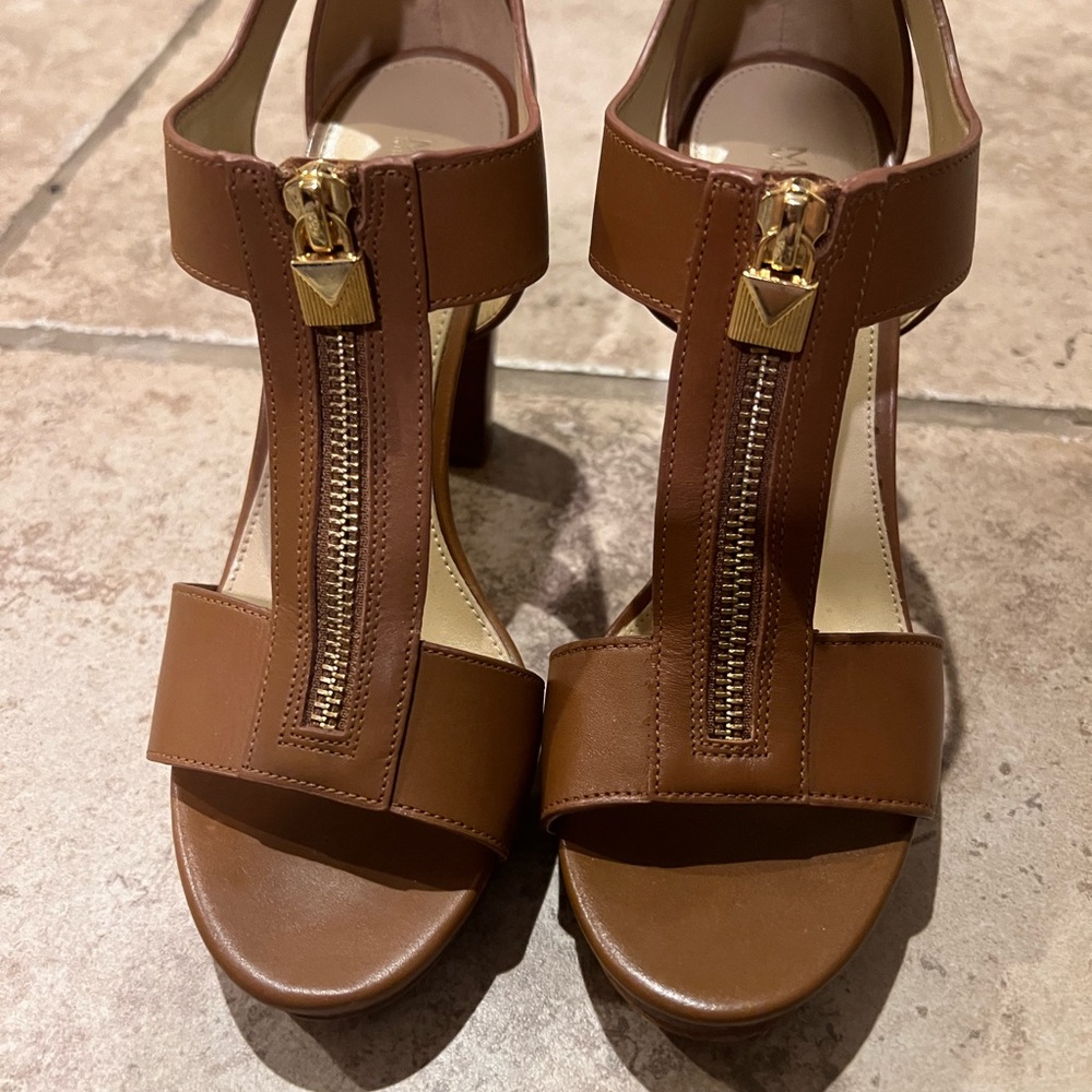Michael Kors Brown Heeled Sandals with Gold Zipper